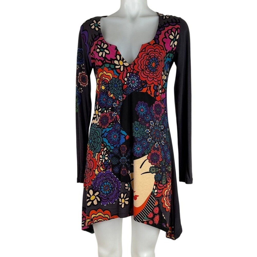 Desigual Geisha Graphic Floral Dress Asymmetrical Hem Black Multi SZ L